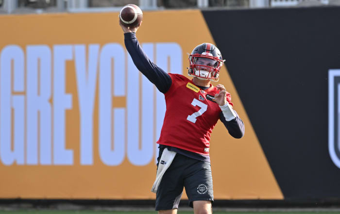 Nov 16, 2023; Hamilton, Ontario, CAN; Montreal Alouettes quarterback Cody Fajardo (7) throws a pass during practice at Tim Hortons Field. Mandatory Credit: Dan Hamilton-USA TODAY Sports